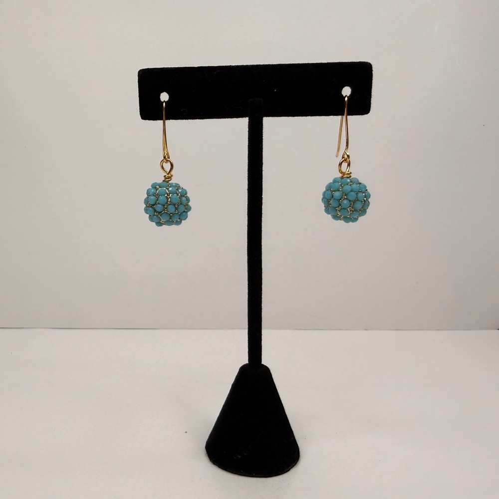 Turquoise Faceted Cluster Beaded Ball Drop Earrings Gold Tone Dangle Jewelry
